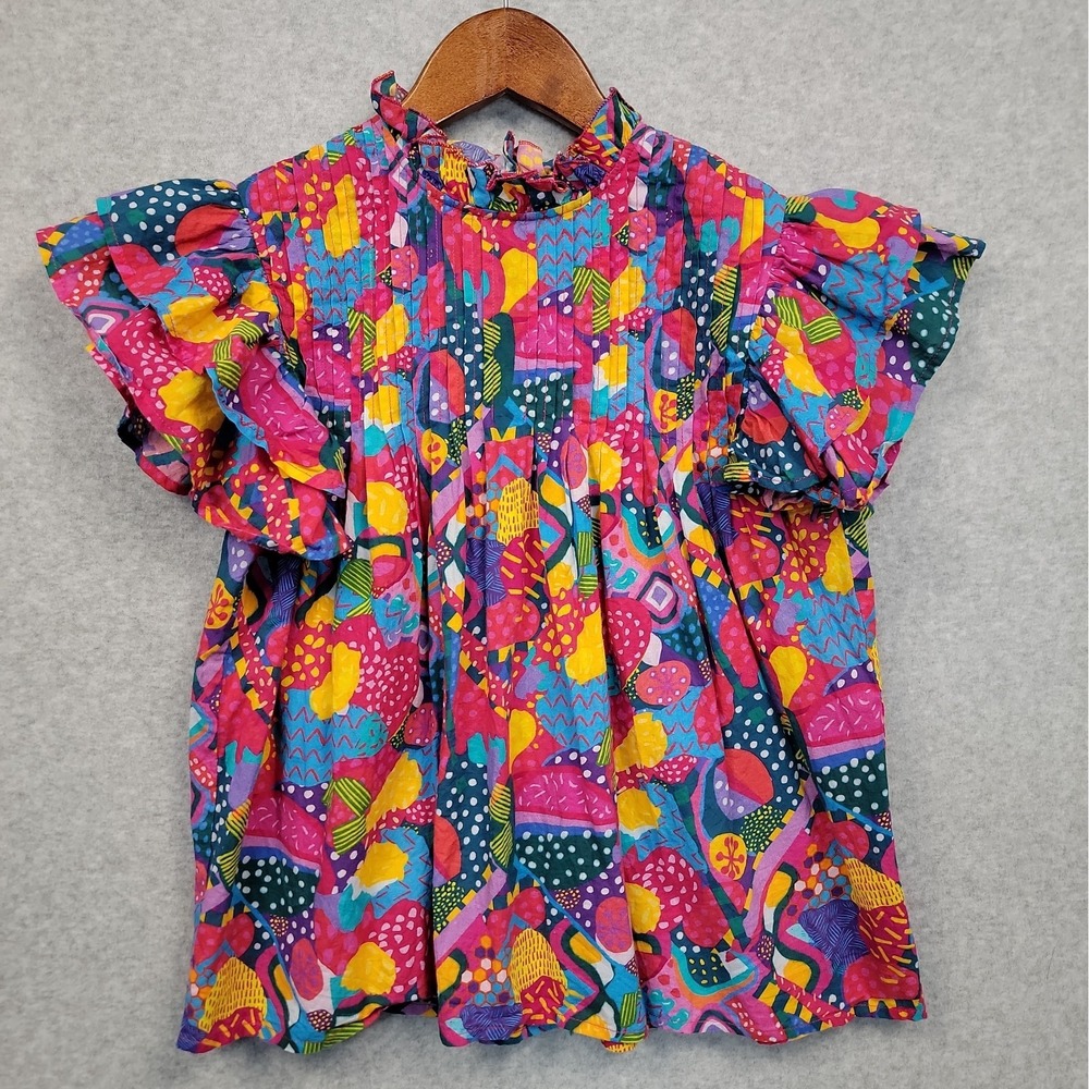 SOHANA Boho Abstract Print Multicolor Pintuck Flutter Sleeve Top Sz S Cotton